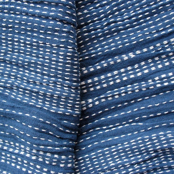 Navy and White Striped Shashiko Stitch Like Detail Cotton Gauze Fabric sold by yard