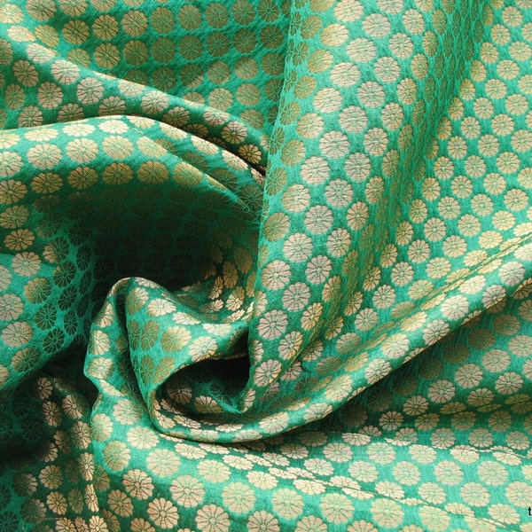 Emerald Green and Gold Poly Silk Floral Benarsi Brocade Fabric by Yard