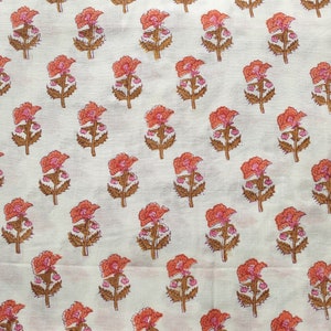 1 Yard 13&quot; Long Coral  purple and Green on white Hand Block Printed Floral Print Light weight Cotton Fabric Remnant