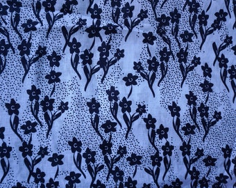 Navy and white Floral Print Linen Fabric sold by the yard