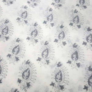 Grey and White Hand Block Printed Paisley Print Cotton Fabric image 3
