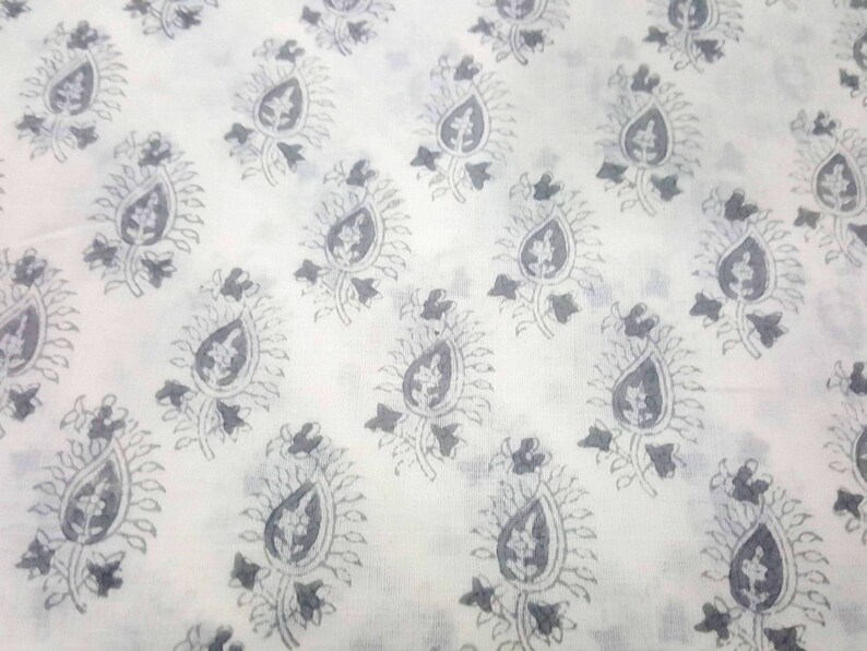 Grey and White Hand Block Printed Paisley Print Cotton Fabric image 3