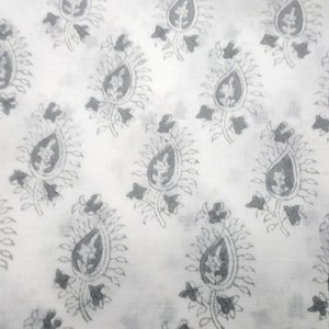 Grey and White Hand Block Printed Paisley Print Cotton Fabric image 4