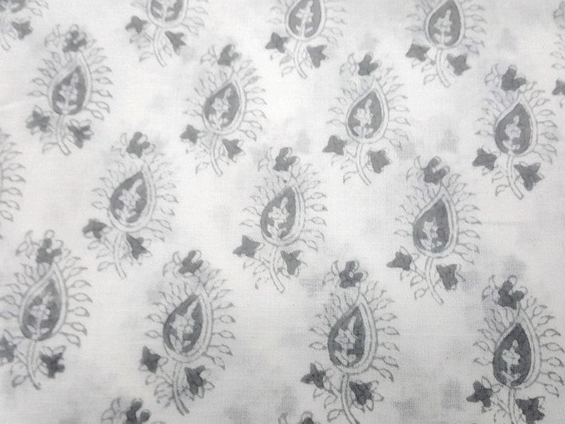 Grey and White Hand Block Printed Paisley Print Cotton Fabric image 4