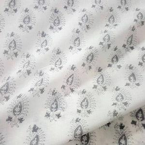 Grey and White Hand Block Printed Paisley Print Cotton Fabric image 2