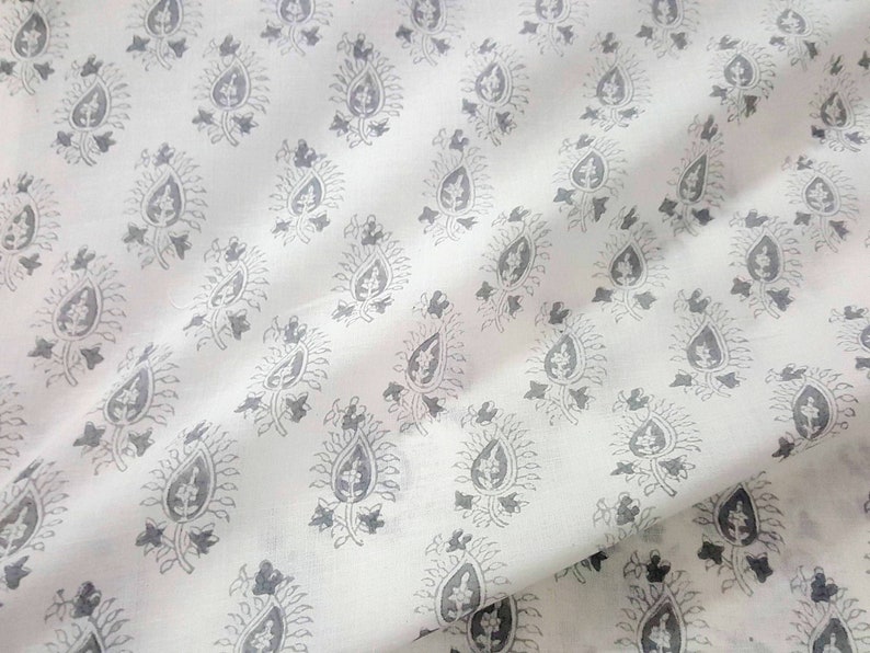 Grey and White Hand Block Printed Paisley Print Cotton Fabric image 2