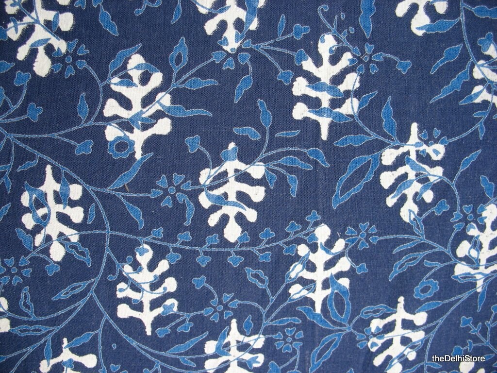 Cotton Fabric Blue and White Leaf Pattern Screen Print Fabric - Etsy