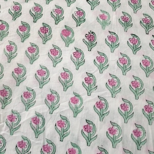 Rosa Grün auf Weiß floral Hand Block Print weicher Baumwoll Voile Kimono Kaftan Stoff Verkauft lose Lagerware