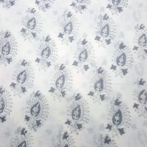 Grey and White Hand Block Printed Paisley Print Cotton Fabric image 5