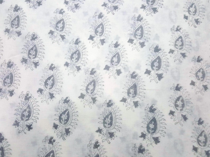 Grey and White Hand Block Printed Paisley Print Cotton Fabric image 5