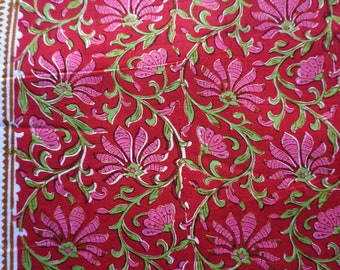 Maroonish red block print floral cotton fabric with border