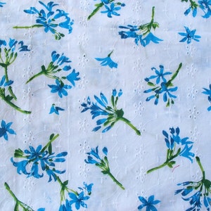 Blue on white Floral Screen Print Cotton Eyelet Embroidered Fabric  by Yard