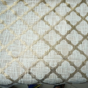Moroccan Trellis Pattern Ivory and Gold Cotton Chennile Slub Fabric Textured Cotton Pillow Fabric by Yard