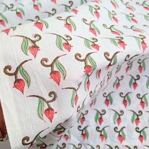Coral and Green on white Hand Block Printed Floral Print Light weight Cotton Fabric Sold by Yard