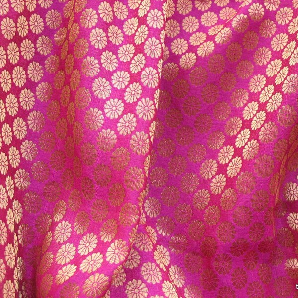 Fuchsia and Gold Poly Silk Floral Brocade Fabric by Yard