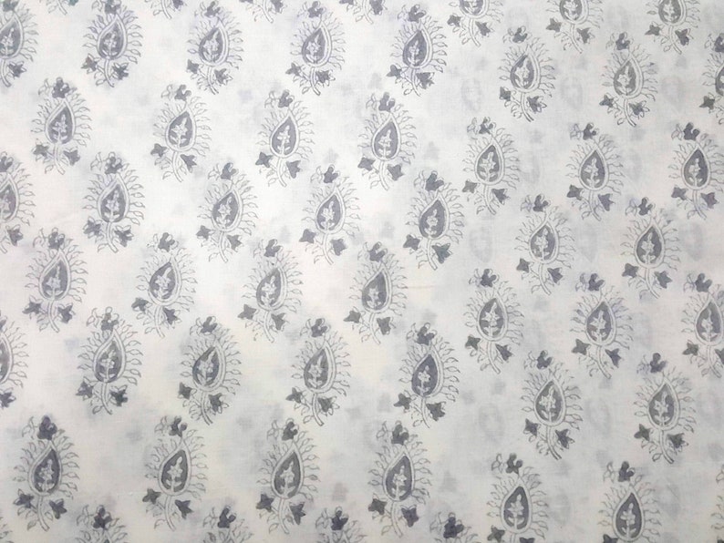 Grey and White Hand Block Printed Paisley Print Cotton Fabric image 6