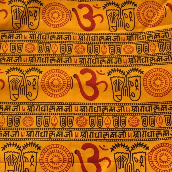 Om  / Radha Krishna Mantra Block Print Indian Cotton FabricSold by Yard