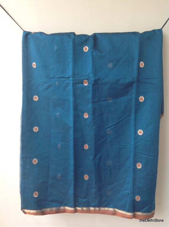 Peacock Blue Cotton Silk Blend Chanderi Silk Fabric by Yard Etsy