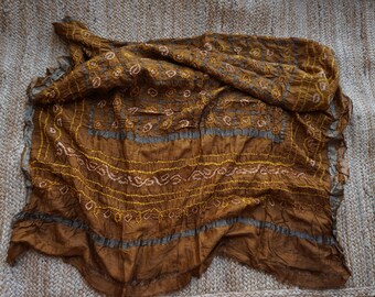 Free Shipping Vintage Silk Hand Tie dyed Bandhani Dupatta / Wrap Around with copper zari work