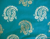 Paisley Block Printed Indian Cotton Fabric Remnant in Teal color