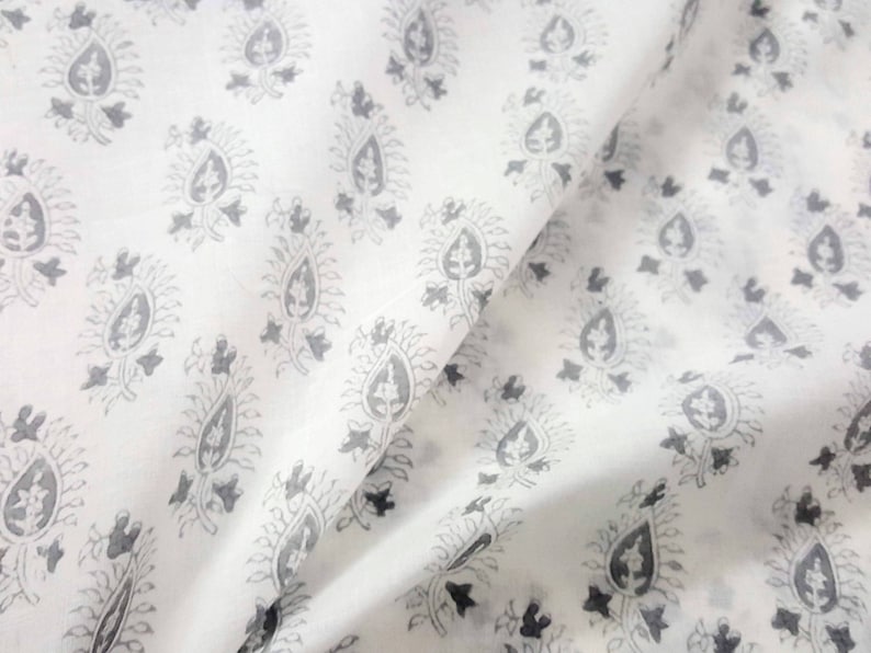 Grey and White Hand Block Printed Paisley Print Cotton Fabric image 1