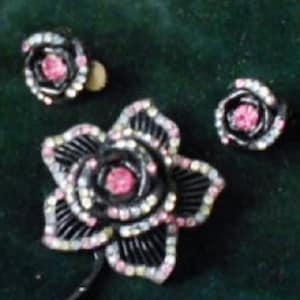 Rare Vitreous Enameled Rose Wireworks Brooch_ Earrings