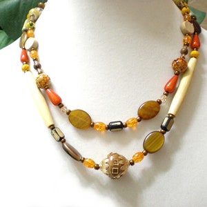 Brown and orange two strand necklace, wood and ceramic necklace, mixed color and material boho hippie necklace, wood and ceramic beads