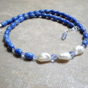 Denim lapis necklace with sterling silver & white pearl focal beads, blue beaded necklace, gift for her,  adjustable chakra necklace