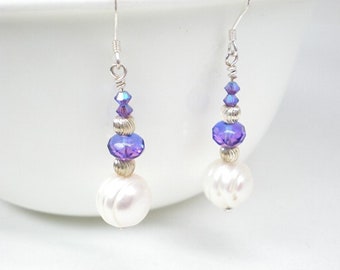 Pearl and blue crystal earrings w sterling silver, white fresh water pearl & premiumi crystal jewelry, June birthstone jewelry gift for her