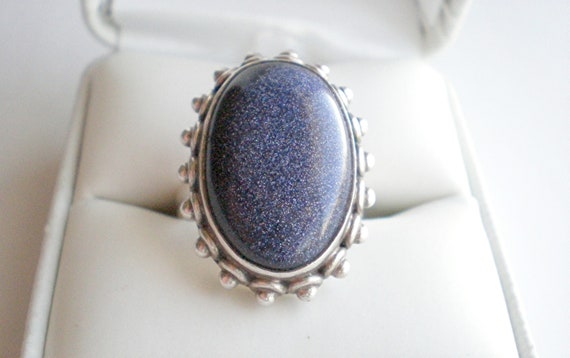 Blue goldstone sterling silver ring, vintage larg… - image 2