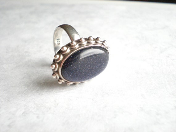 Blue goldstone sterling silver ring, vintage larg… - image 4