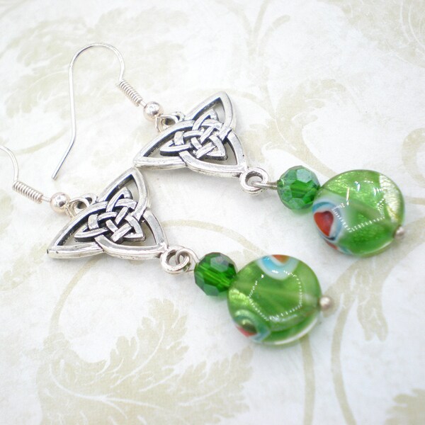 Green dangle earrings, celtic trinity knot design Irish theme jewelry  on hook ear wires, gift for her