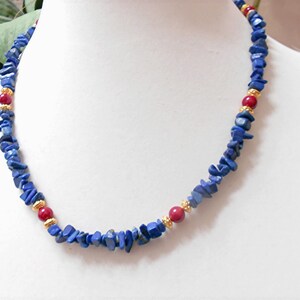 Lapis and red coral necklace with gold filled clasp, gemstone chip jewelry, Egyptian inspired necklace,  mid century style jewelry