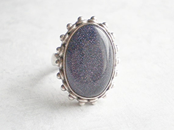Blue goldstone sterling silver ring, vintage larg… - image 9