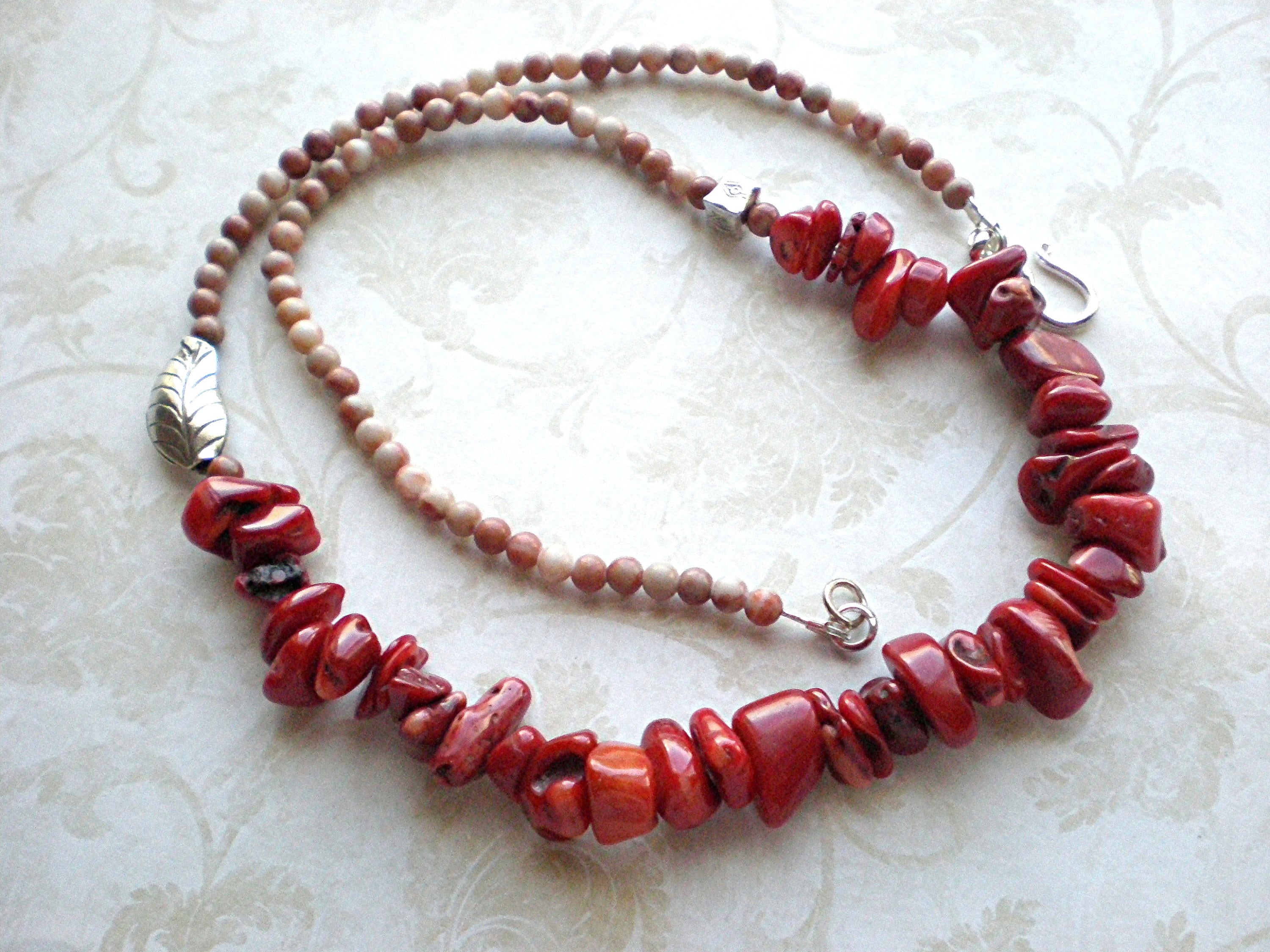Red coral necklace for man with Hematite and pure silver nuggets