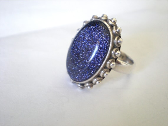 Blue goldstone sterling silver ring, vintage larg… - image 1