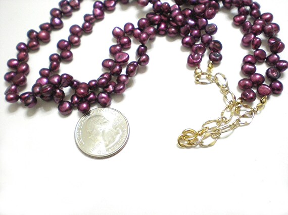 burgundy pearls two strand freshwater pearls yellow gold chain and clasp 19 inches Purple pearl necklace