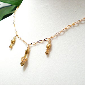 Gold chain necklace with filigree beaded pendants, Victorian style jewelry  gift for ladies