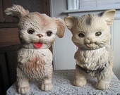 Vintage Large Puppy & Kitten  w/ Sleepy Eyes , Squeaky Bellies and Movable Heads  - 1960's Edward Mobley Arrow Rubber Toys Both Work!