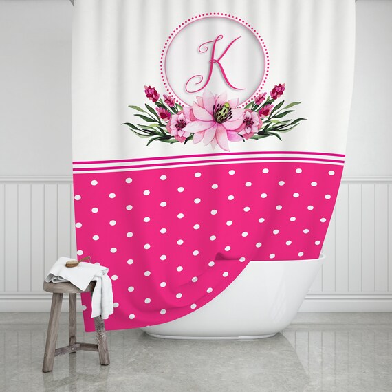 Personalized Shower Curtain Fuchsia Pink Polka Dot Wreath Image 0