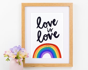 Personalised Love is Love Valentine's Day Giclee Art Print, Rainbow Love Couples Print, Anniversary Special Date Couples Print, A5/A4/A3