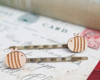 Laser Cut Wooden Bumble Bee Hair Grips