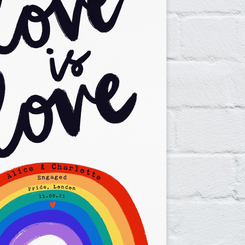 Personalised Love is Love Valentine's Day Giclee Art Print, Rainbow Love Couples Print, Anniversary Special Date Couples Print, A5/A4/A3 image 2