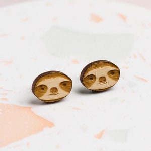 Laser Cut Wooden Sloth Stud Earrings image 1