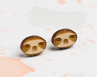 Laser Cut Wooden Sloth Stud Earrings