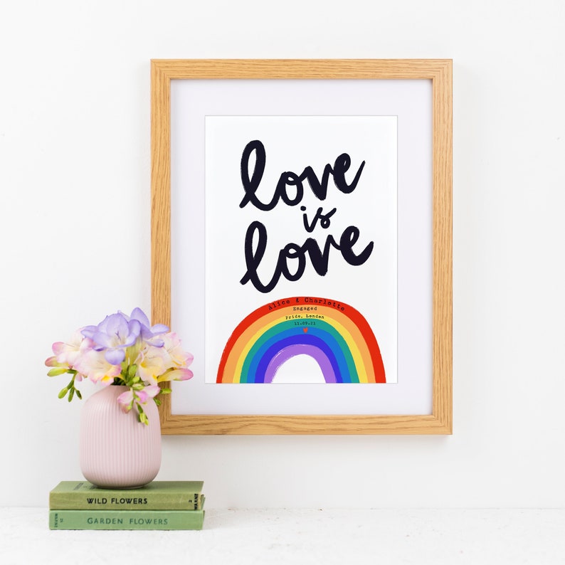 Personalised Love is Love Valentine's Day Giclee Art Print, Rainbow Love Couples Print, Anniversary Special Date Couples Print, A5/A4/A3 image 1