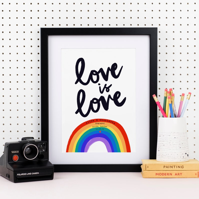 Personalised Love is Love Valentine's Day Giclee Art Print, Rainbow Love Couples Print, Anniversary Special Date Couples Print, A5/A4/A3 image 3