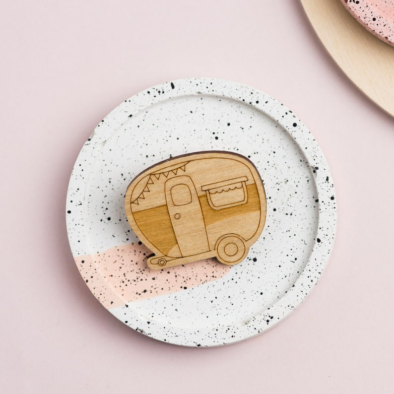 Wooden Caravan Brooch, Laser Cut Brooch, Trailer Gifts, Motor Home Gifts, Wooden Pin, Motor Home Accessories, Birthday Gifts For Travelers image 1