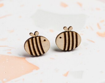 Laser Cut Wooden Bumble Bee Stud Earrings