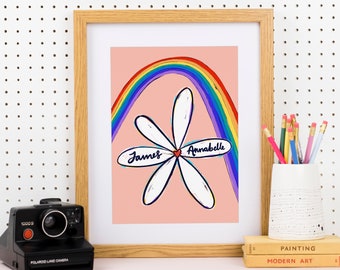 Personalisierter Regenbogen Pärchen Giclee Kunstdruck, Neues Zuhause Für Paare, Valentinstag Druck für Sie, Geschenk zum 1. Jahrestag, A5/A4/A3